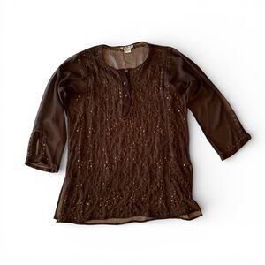 Y2K brown sheer sequin tunic top